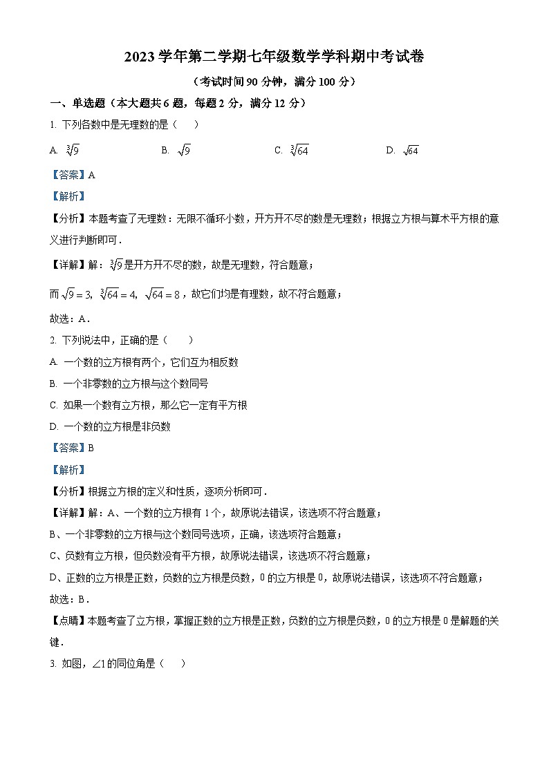 上海市普陀区2023-2024学年七年级下学期期中数学试题（原卷版+解析版）01