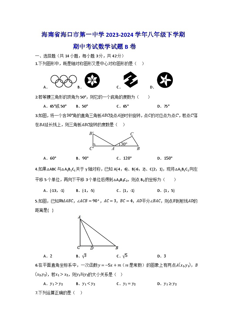 海南省海口市第一中学2023-2024学年八年级下学期期中考试数学试题B卷01