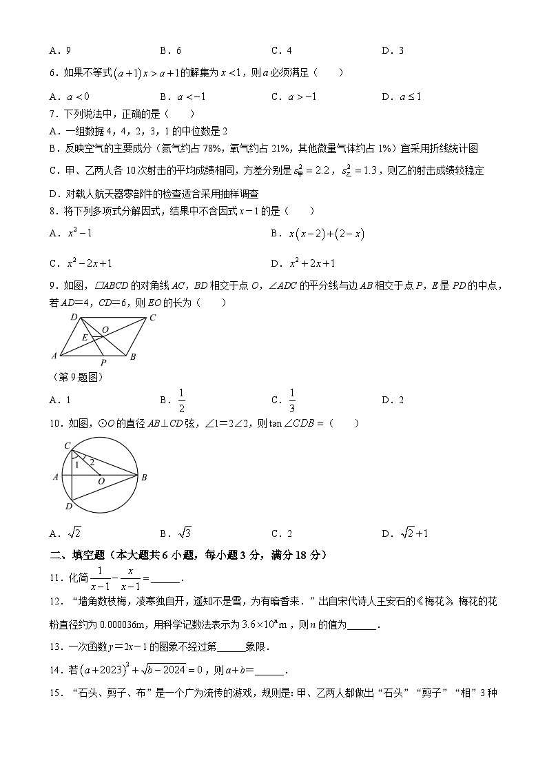 2024年湖南省长沙市雨花区中考一模数学试题(无答案)02