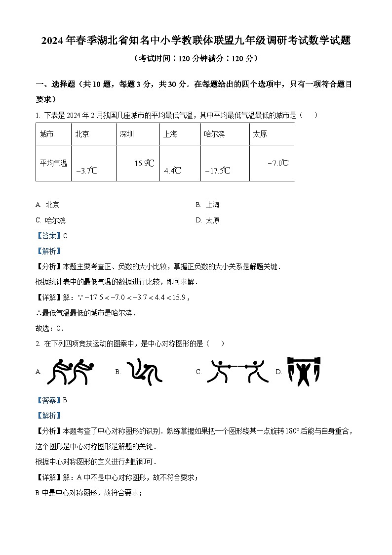 2024年春季湖北省知名中小学教联体联盟中考模拟数学试题（解析版）第1页