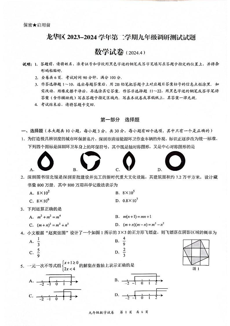 2024年4月深圳市龙华区初三二模数学试卷第1页