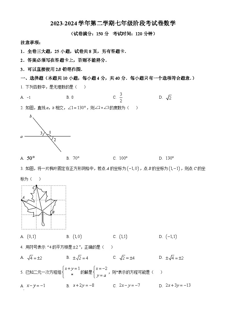 福建省厦门市外国语学校2023-2024学年七年级下学期期中数学试题（原卷版+解析版）01
