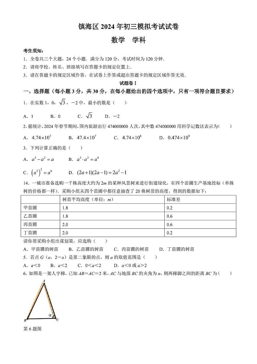 2024年浙江省宁波市镇海区九年级中考一模数学试题第1页