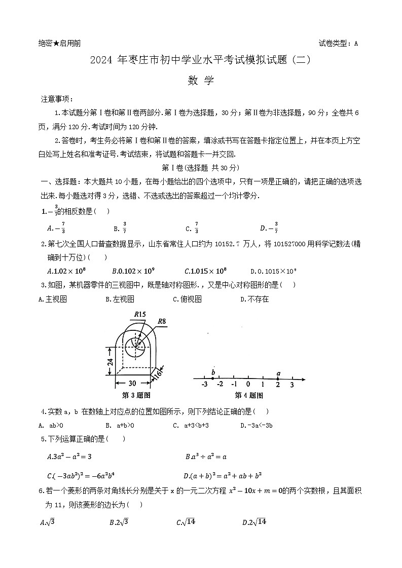 2024年山东省枣庄市初中学业水平考试数学模拟试题（二）第1页