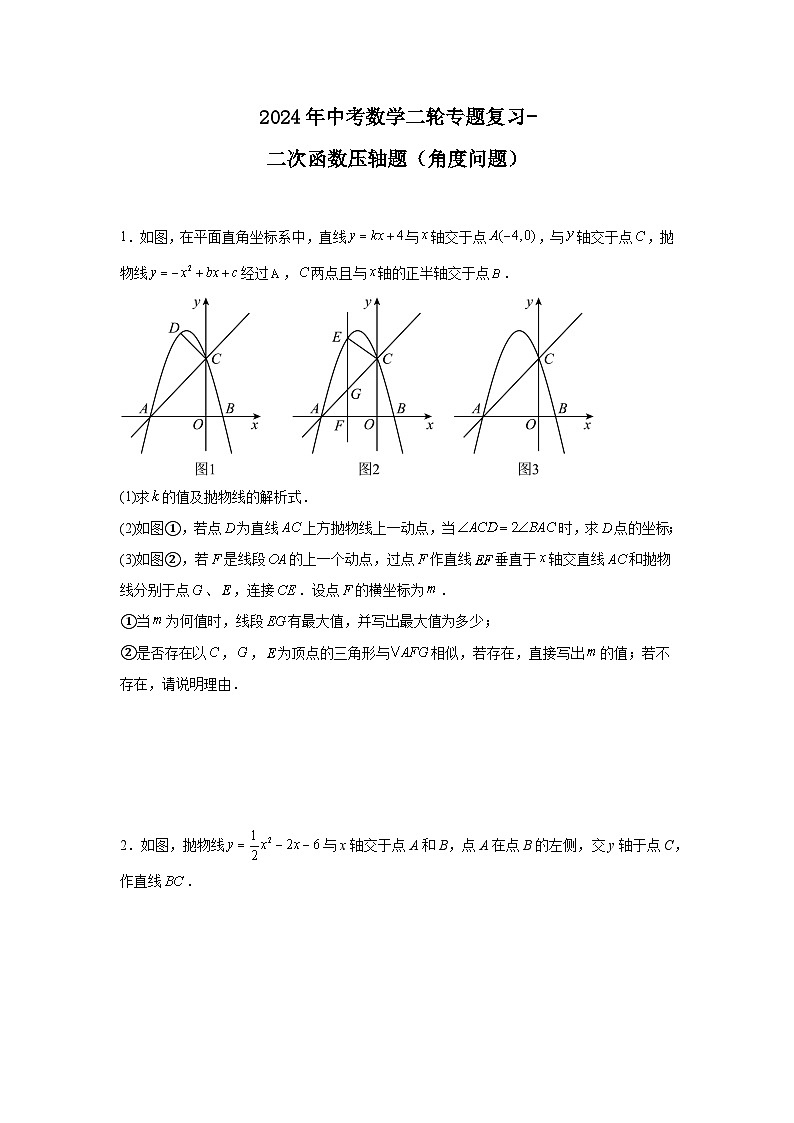 2024年中考数学二轮专题复习-二次函数压轴题（角度问题）第1页