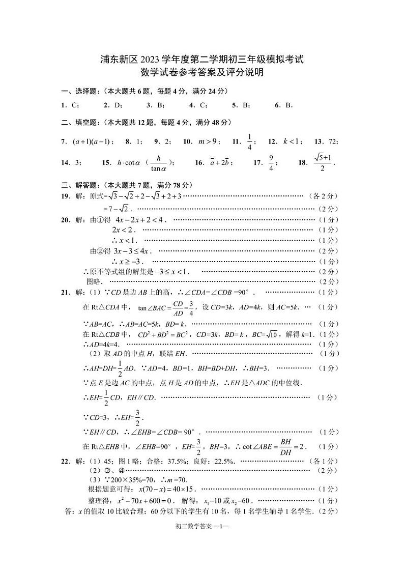 2024浦东新区中考数学二模卷参考答案01