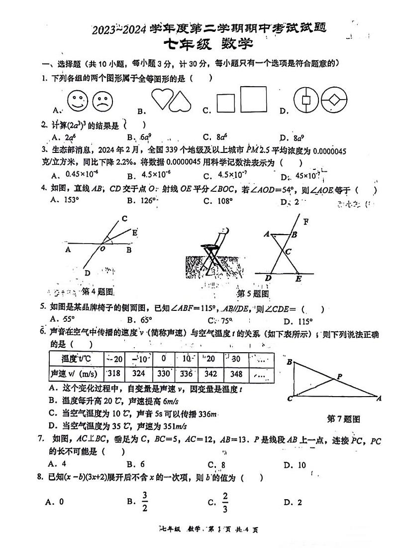 陕西省渭南市2023-2024学年下学期期中质量检测+七年级数学试题第1页