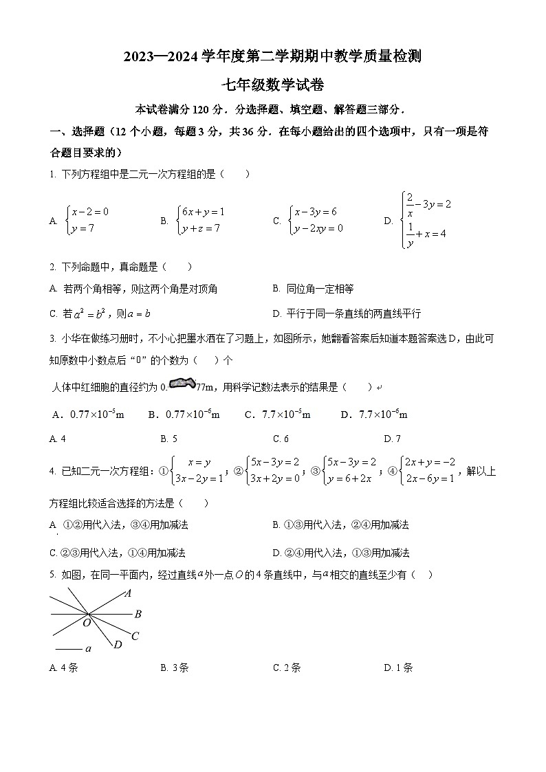 河北省邯郸经济技术开发区中学2023-2024学年七年级下学期期中数学试题（原卷版）第1页
