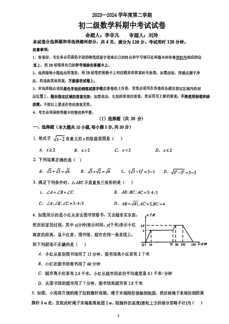 +广东省广州市执信中学2023_2024学年八年级下学期数学期中考试试卷第1页