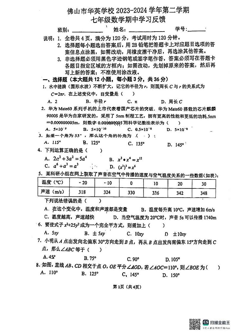 广东省佛山市禅城区华英学校2023—2024学年七年级下学期期中考数学试卷第1页