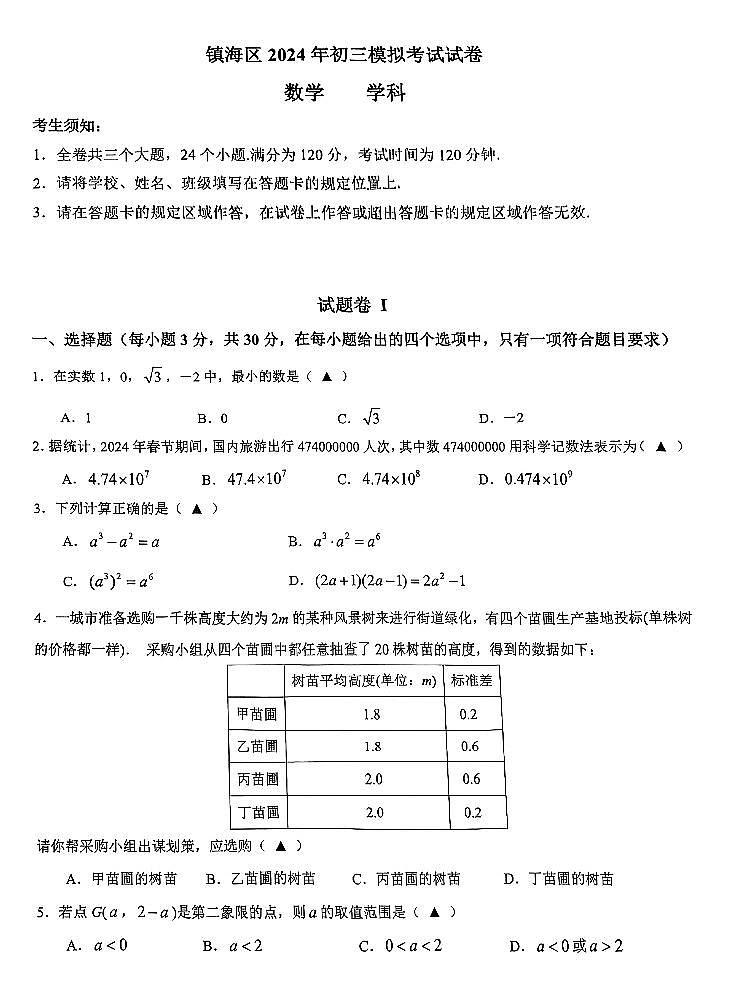 2024.4镇海二模数学试卷第1页