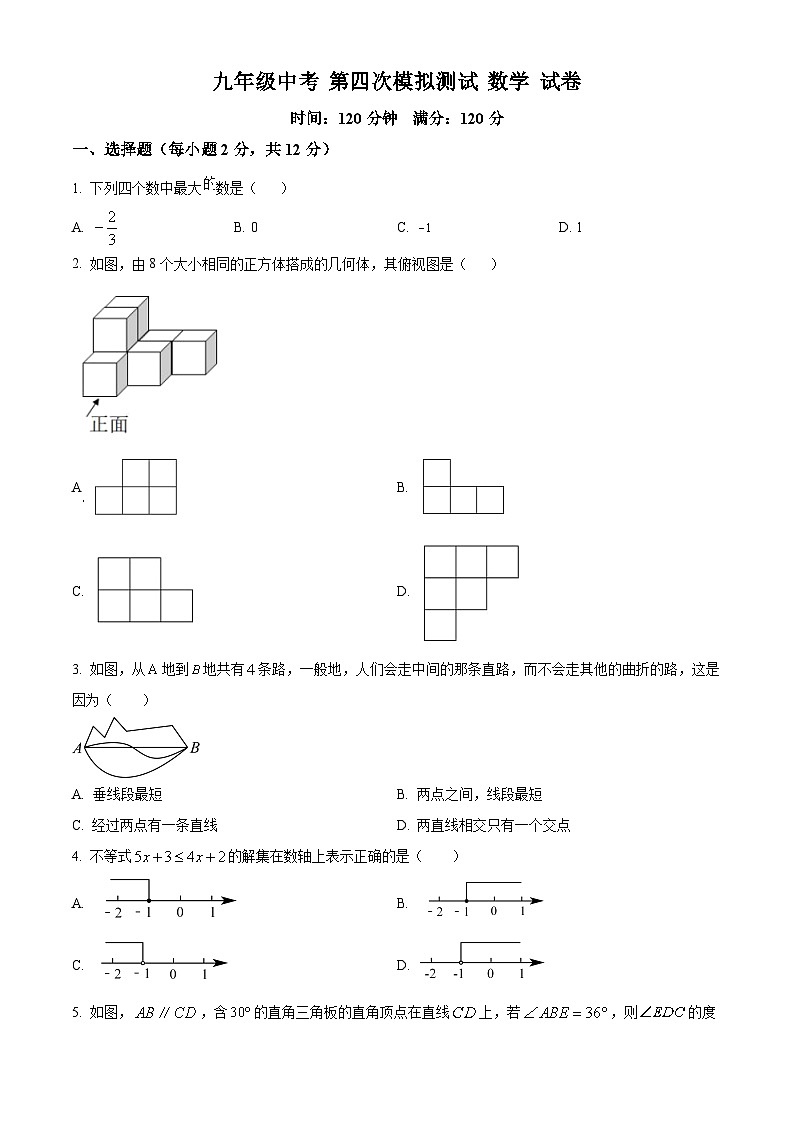 2023年吉林省大安市乐胜乡中学校中考 九年级第四次模拟考试  数学模拟预测题（原卷版）第1页