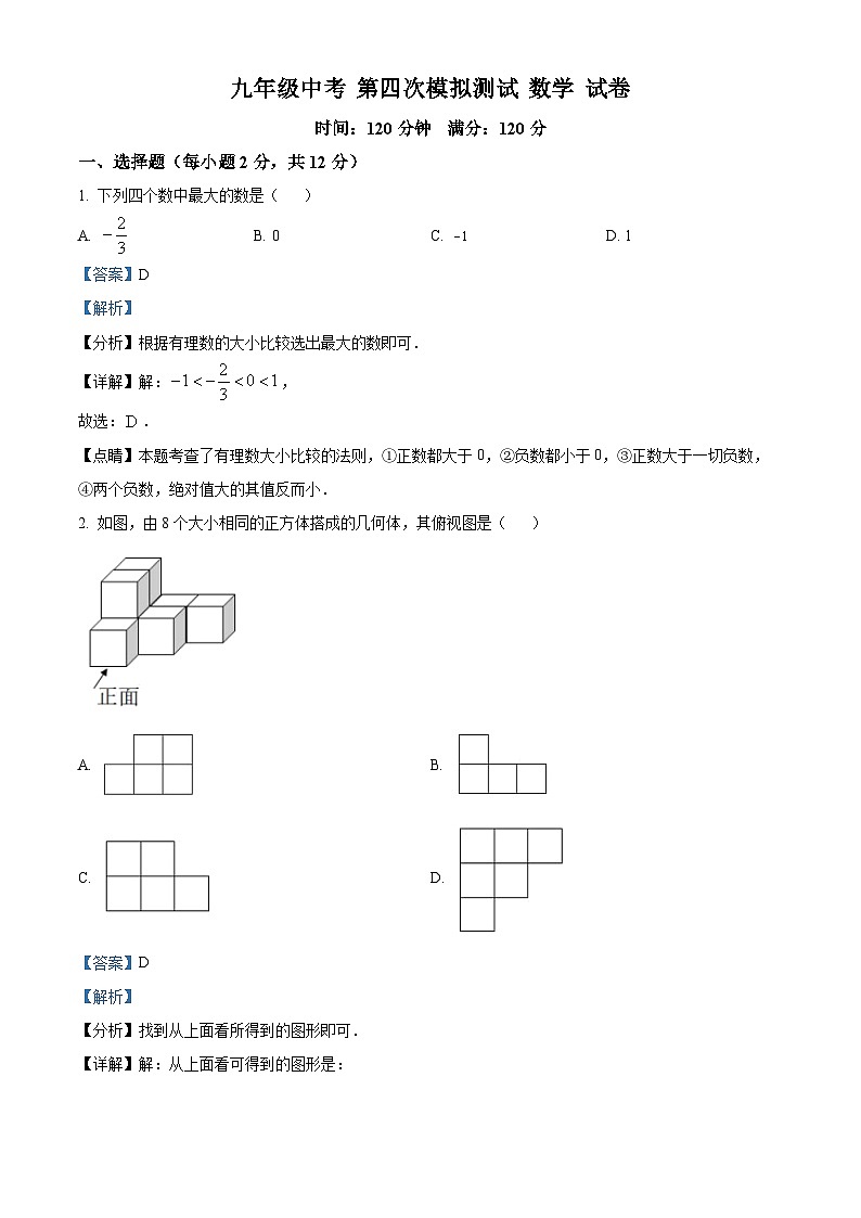 2023年吉林省大安市乐胜乡中学校中考 九年级第四次模拟考试  数学模拟预测题（解析版）第1页