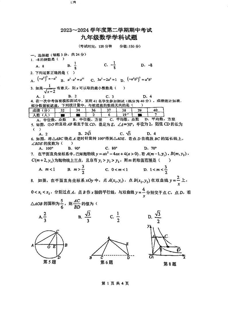 江苏省连云港市新海实验中学2023-2024学年九年级下学期期中考试数学试卷+01
