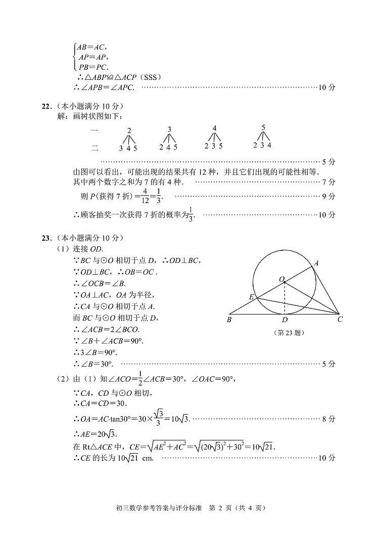 2024届中考一模数学参考答案第2页