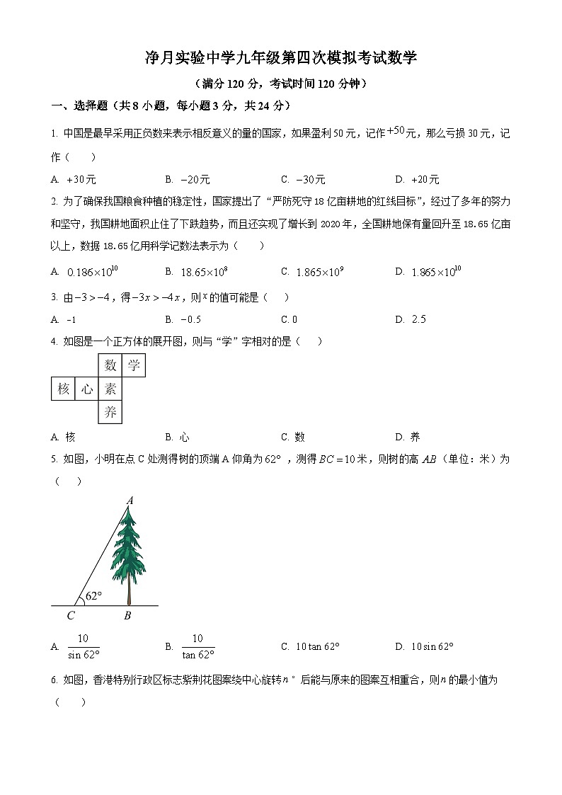 2023年吉林省长春市净月实验中学九年级中考第四次模拟考试数学模拟预测试题（原卷版）第1页