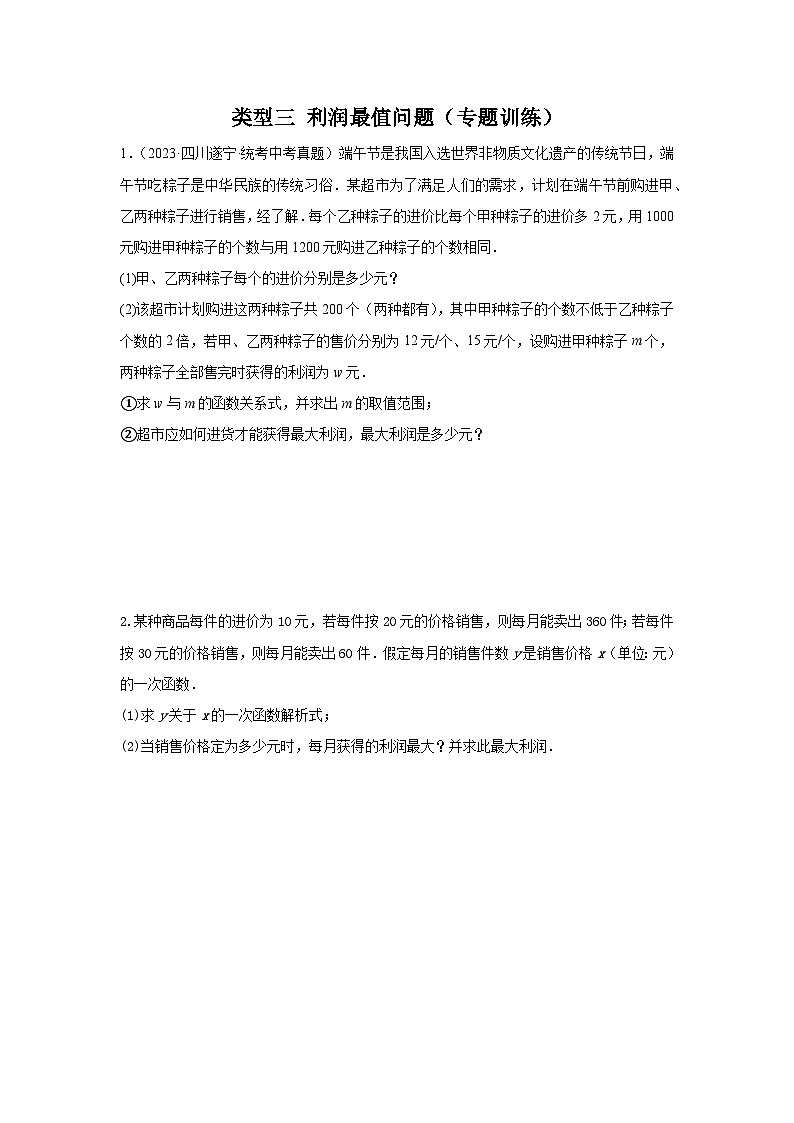 题型8 函数的实际应用 类型3 利润最值问题29题（专题训练）-2024年中考数学二轮题型突破（全国通用）01