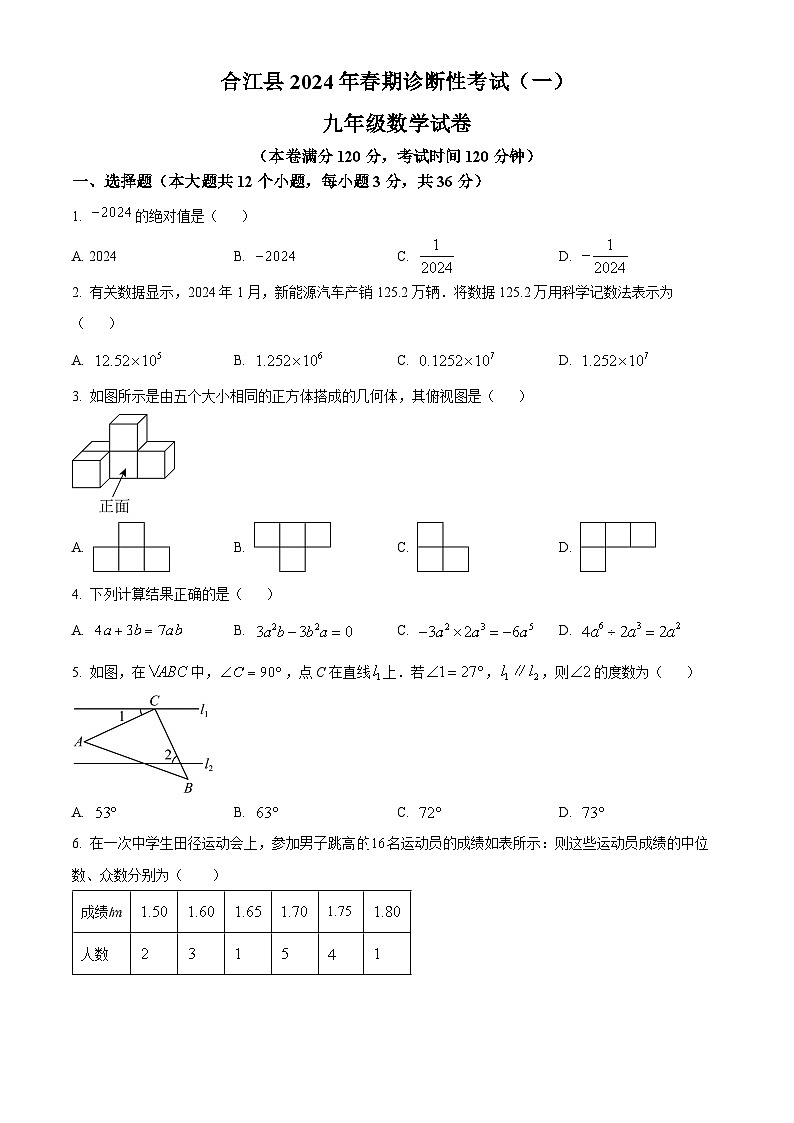 2024年四川省泸州市合江县中考一模数学试题（原卷版）第1页