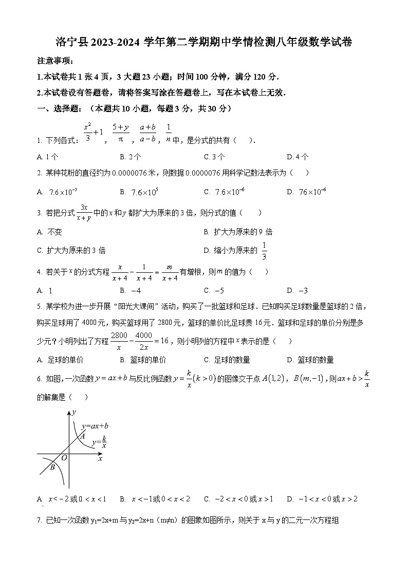 河南省洛阳市洛宁县2023-2024学年八年级下学期期中数学试题（原卷版+解析版）01