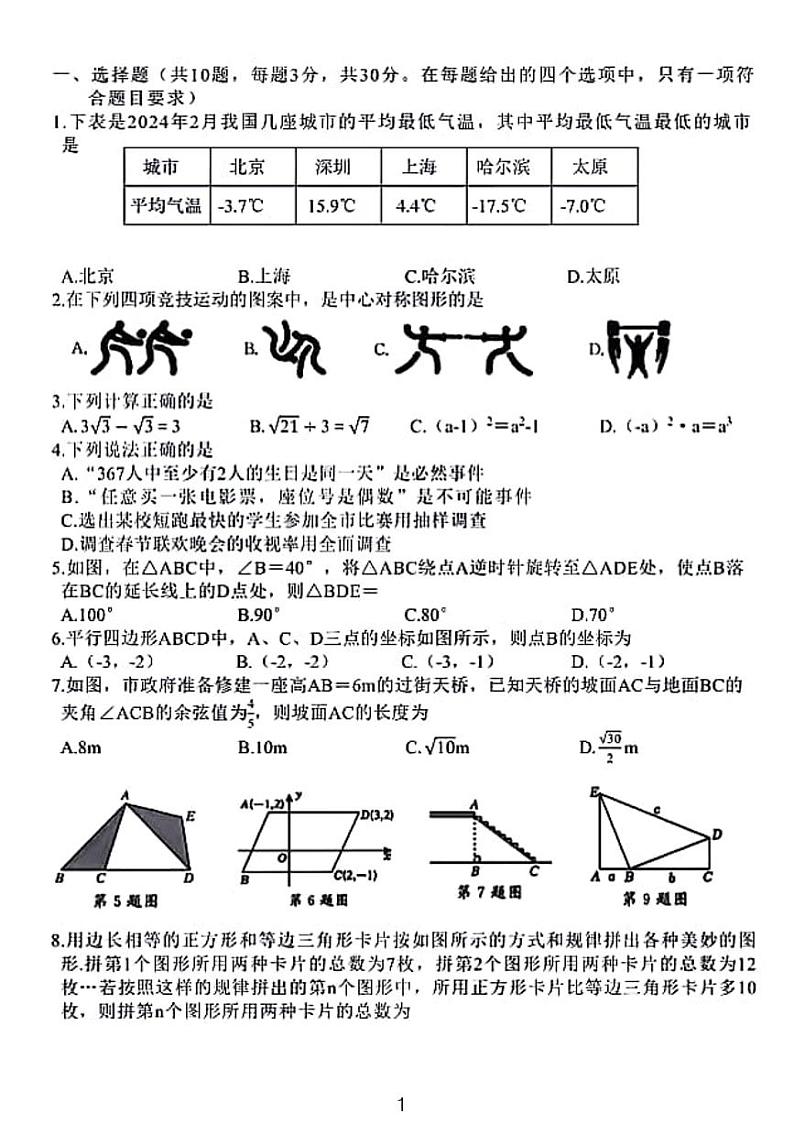 2024年湖北名校联盟九年级调研检测数学试题第1页