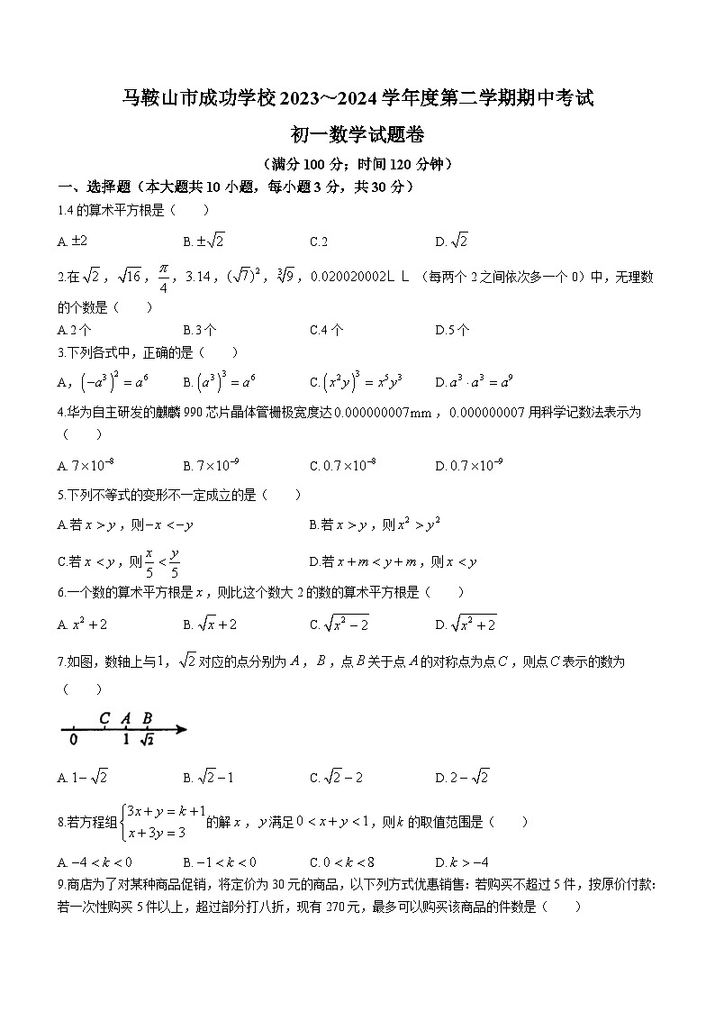 安徽省马鞍山市成功学校2023-2024学年七年级下学期期中数学试题(无答案)01