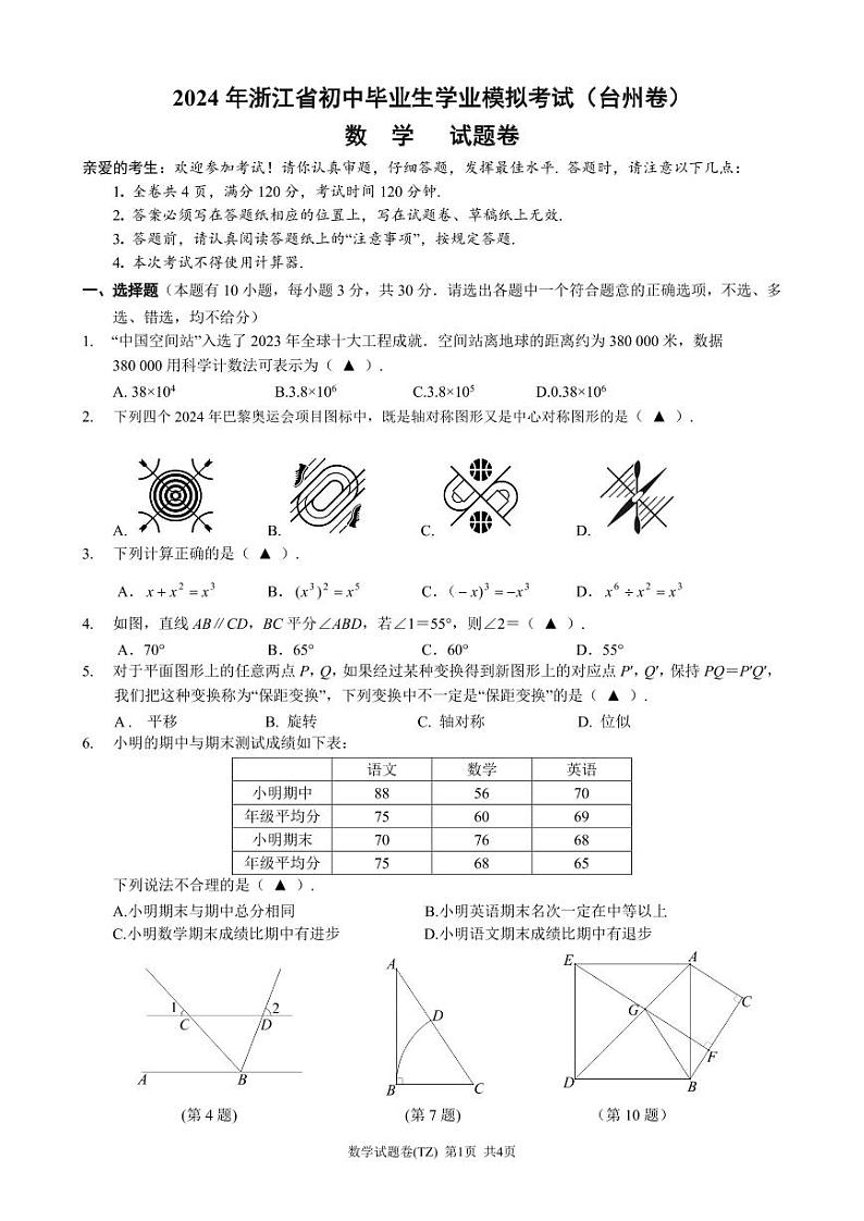 2024年浙江初中毕业生学业模拟考试(台州卷)数学试题（含答案）第1页