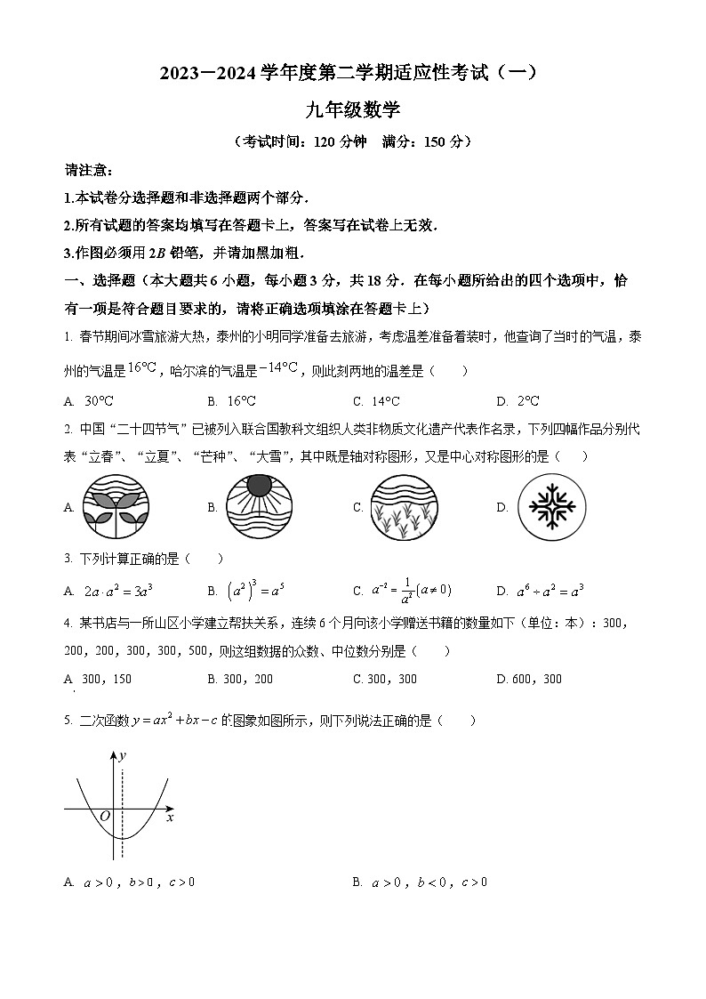 2024年江苏省泰州市靖江市中考一模数学试题（原卷版+解析版）01