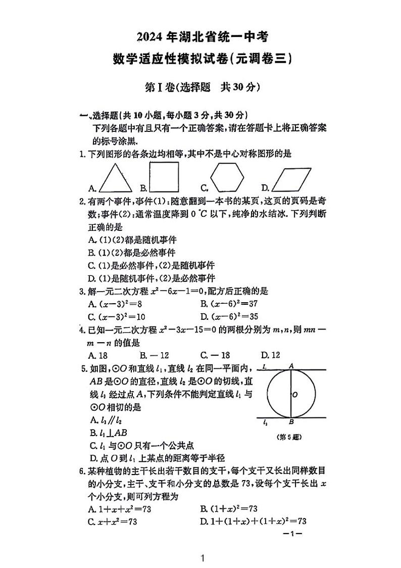 2024湖北省统一中考数学适应模拟考三含参考答案第1页