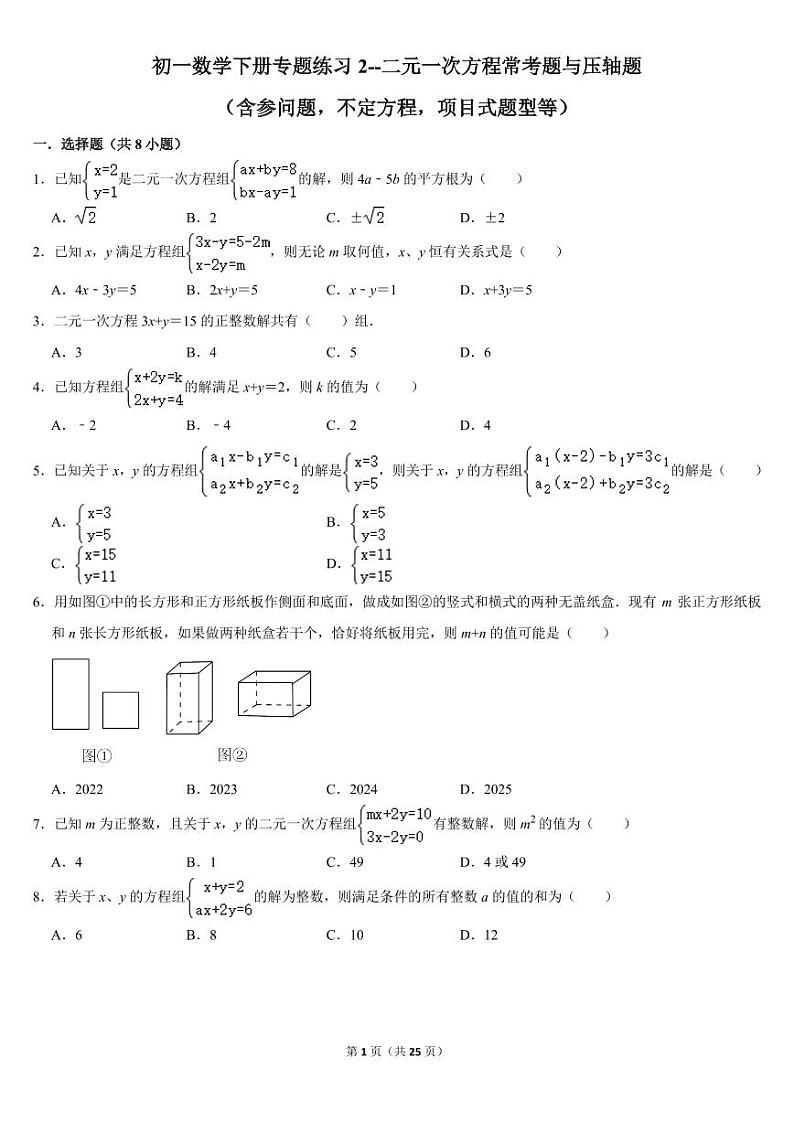 初一数学下册专题练习2--二元一次方程常考题与压轴题（含参问题，不定方程，项目式题型等）（PDF版，含答案）第1页