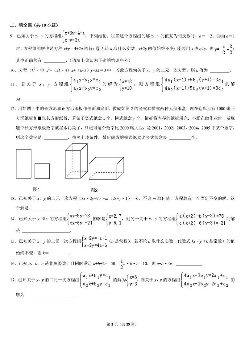 初一数学下册专题练习2--二元一次方程常考题与压轴题（含参问题，不定方程，项目式题型等）（PDF版，含答案）第2页