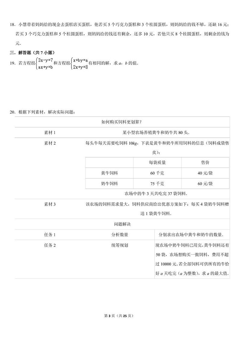 初一数学下册专题练习2--二元一次方程常考题与压轴题（含参问题，不定方程，项目式题型等）（PDF版，含答案）第3页