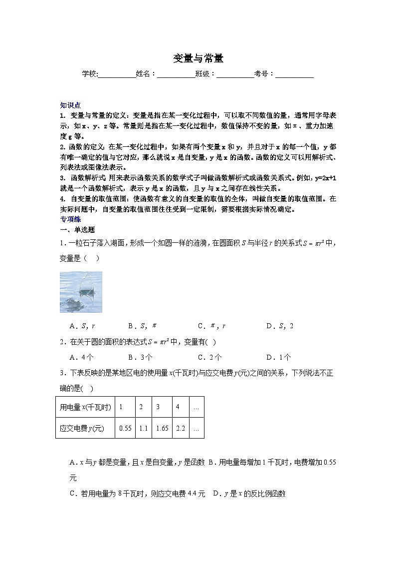 变量与常量-中考数学二轮知识梳理+专项练习（全国通用）第1页