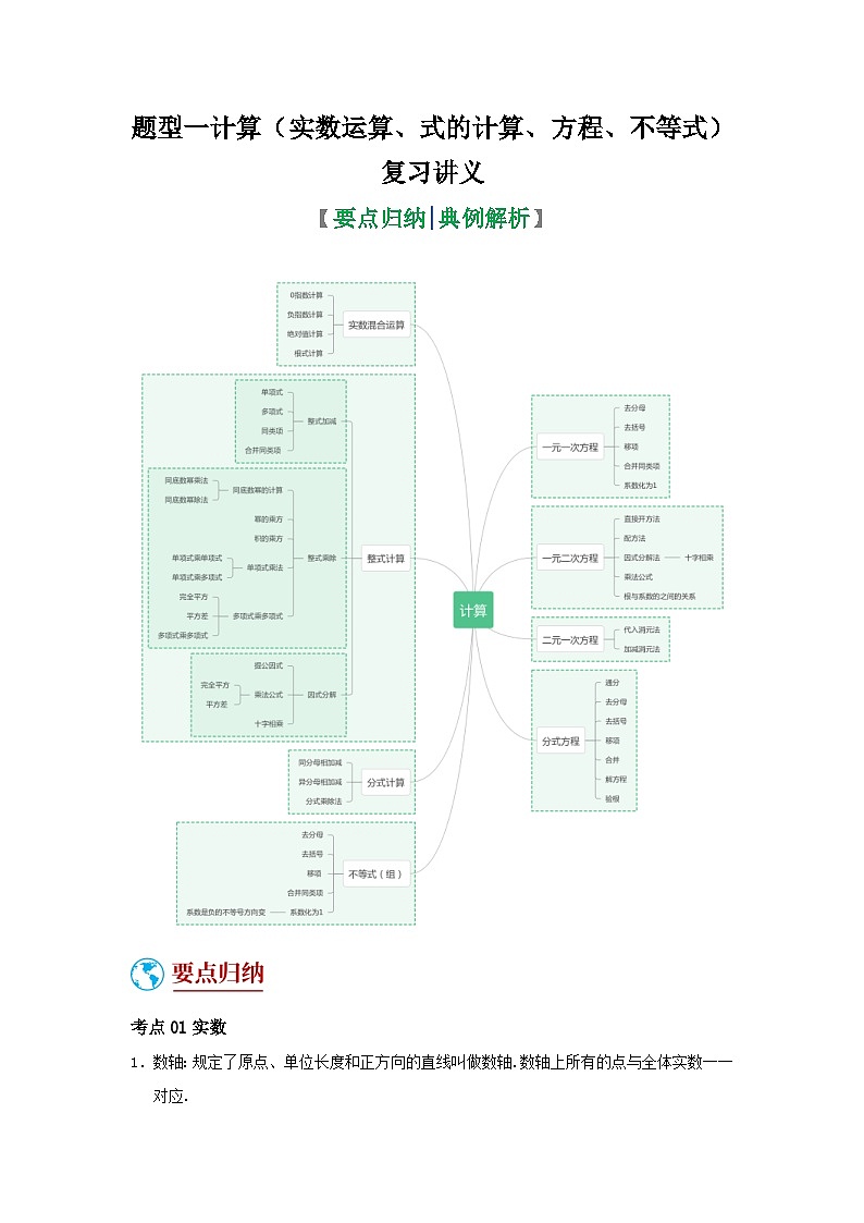 2024年中考数学二轮题型突破练习题型1 计算（复习讲义）（实数运算、式的计算、方程、不等式）（2份打包，原卷版+教师版）01