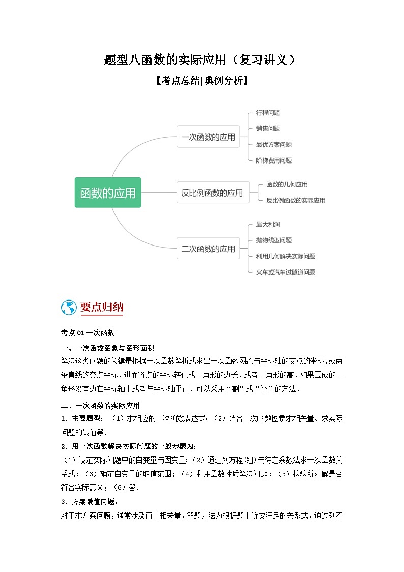 2024年中考数学二轮题型突破练习题型8 函数的实际应用（复习讲义）（原卷版）第1页