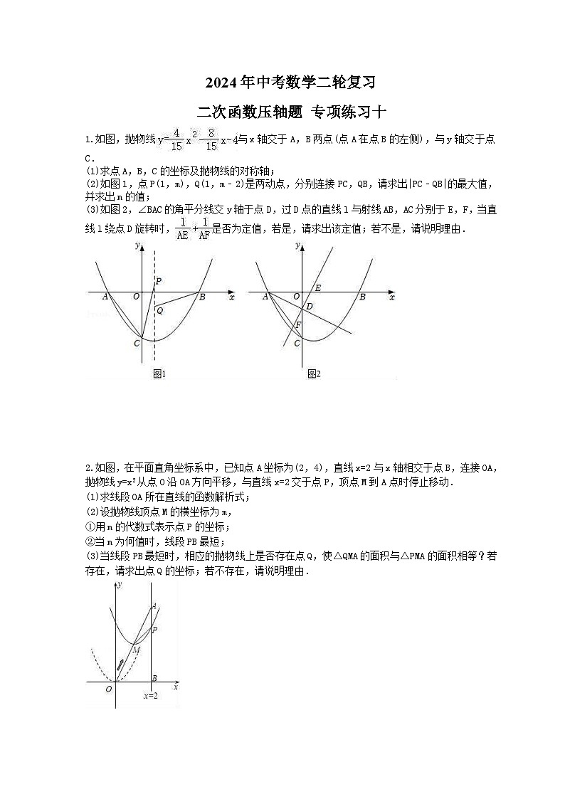 2024年中考数学二轮复习 二次函数压轴题 专项练习十（含答案）第1页