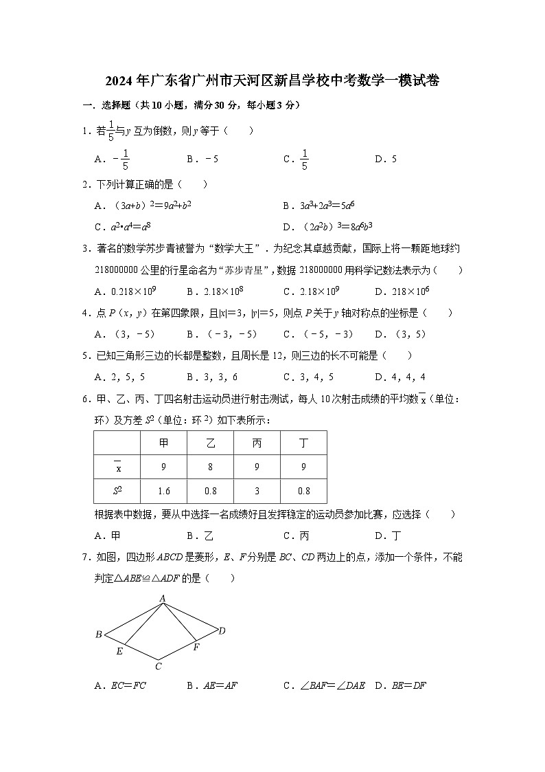 2024年广东省广州市天河区新昌学校中考数学一模试卷（解析版）第1页