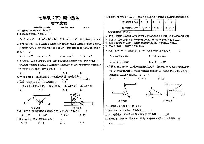 辽宁省丹东市第19中学2024年度七（下）期中测试数学试卷第1页