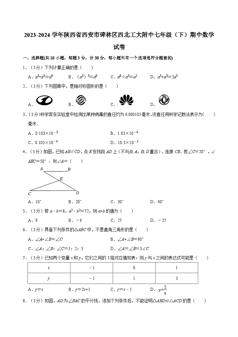 2023-2024学年陕西省西安市碑林区西北工大附中七年级（下）期中数学试卷（含解析）第1页