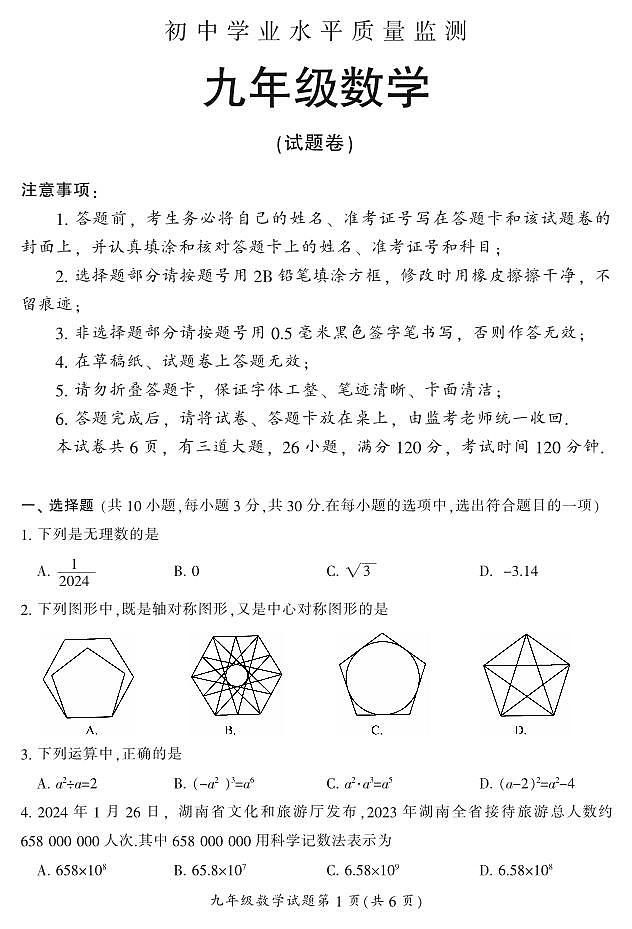 2024郴州九年级二模考试数学试卷01