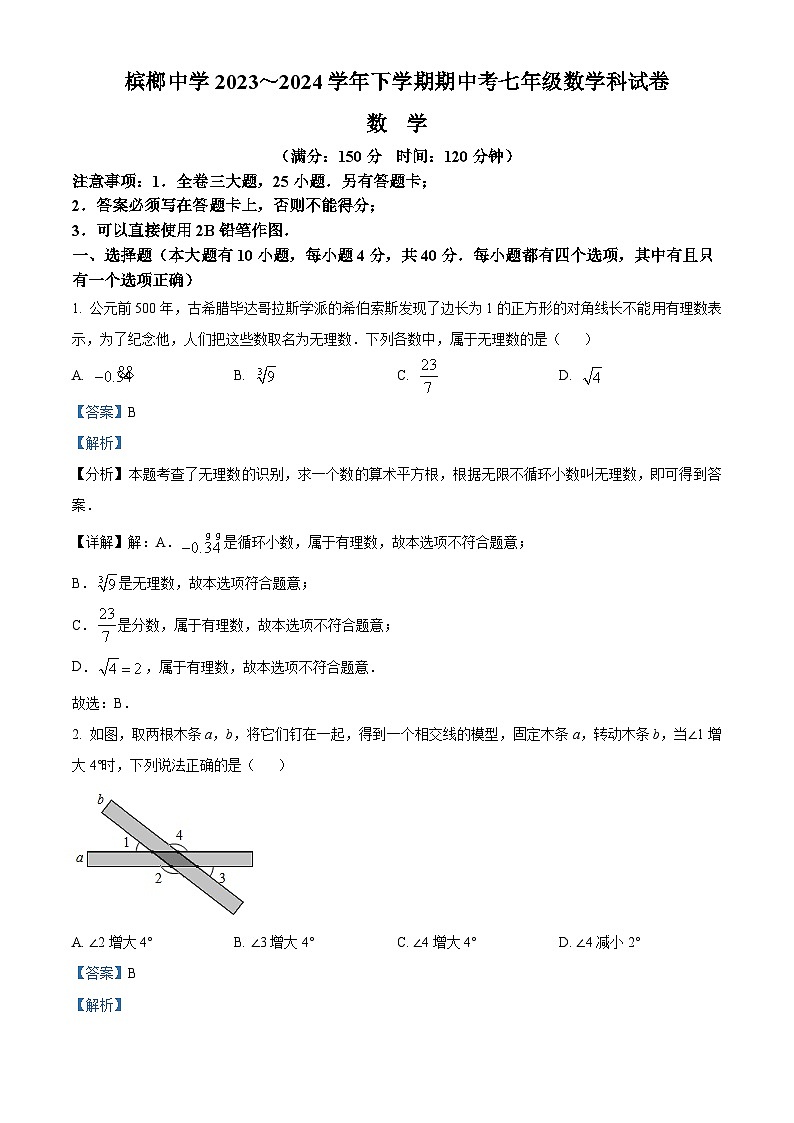 福建省厦门市槟榔中学2023-2024学年七年级下学期期中数学试题（解析版）第1页