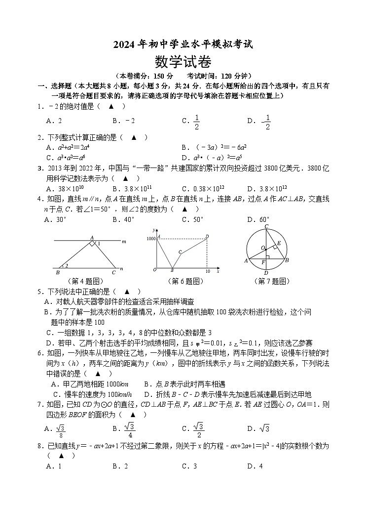 2024年江苏省+宿迁市沭阳如东实验学校九年级数学中考二模试题+01