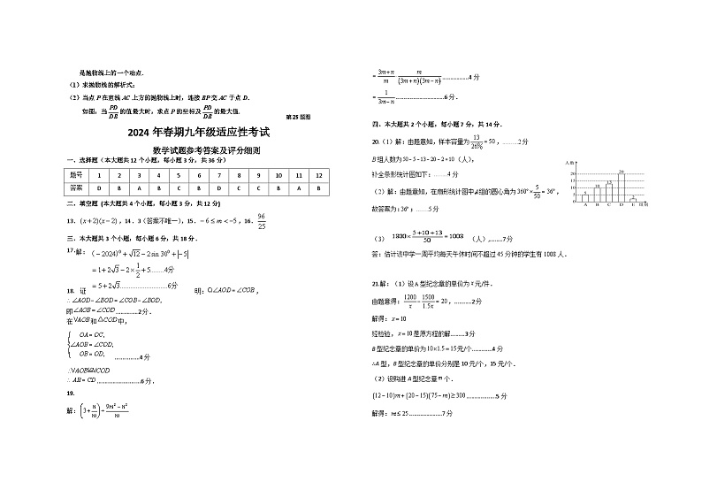 2024届四川省泸州市纳溪区九年级中考适应性考试数学试题03