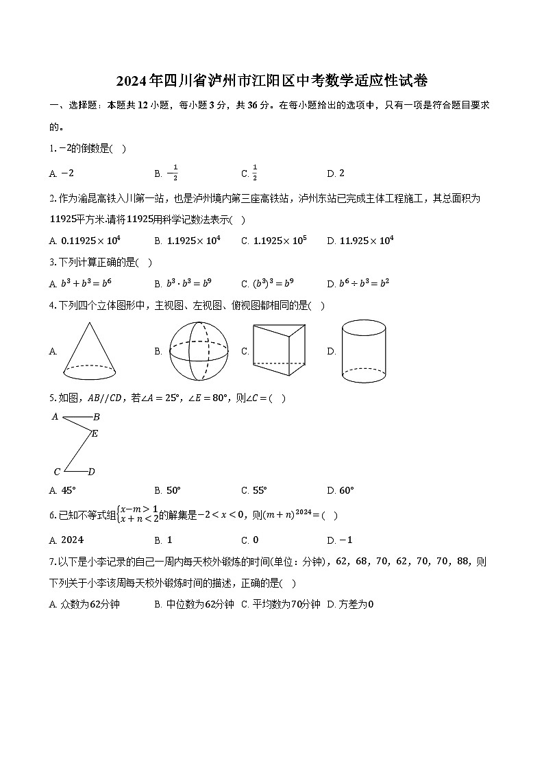 2024年四川省泸州市江阳区中考数学适应性试卷（含解析）01