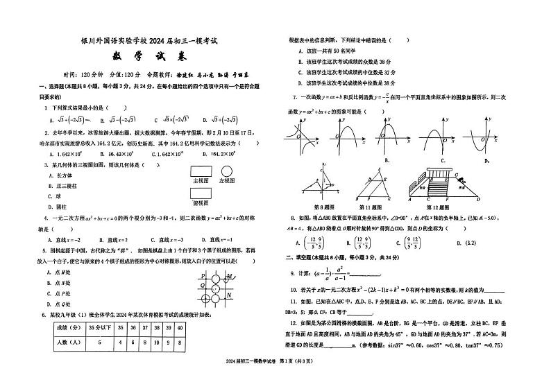 宁夏银川市外国语实验学校2024年九年级中考一模数学卷01