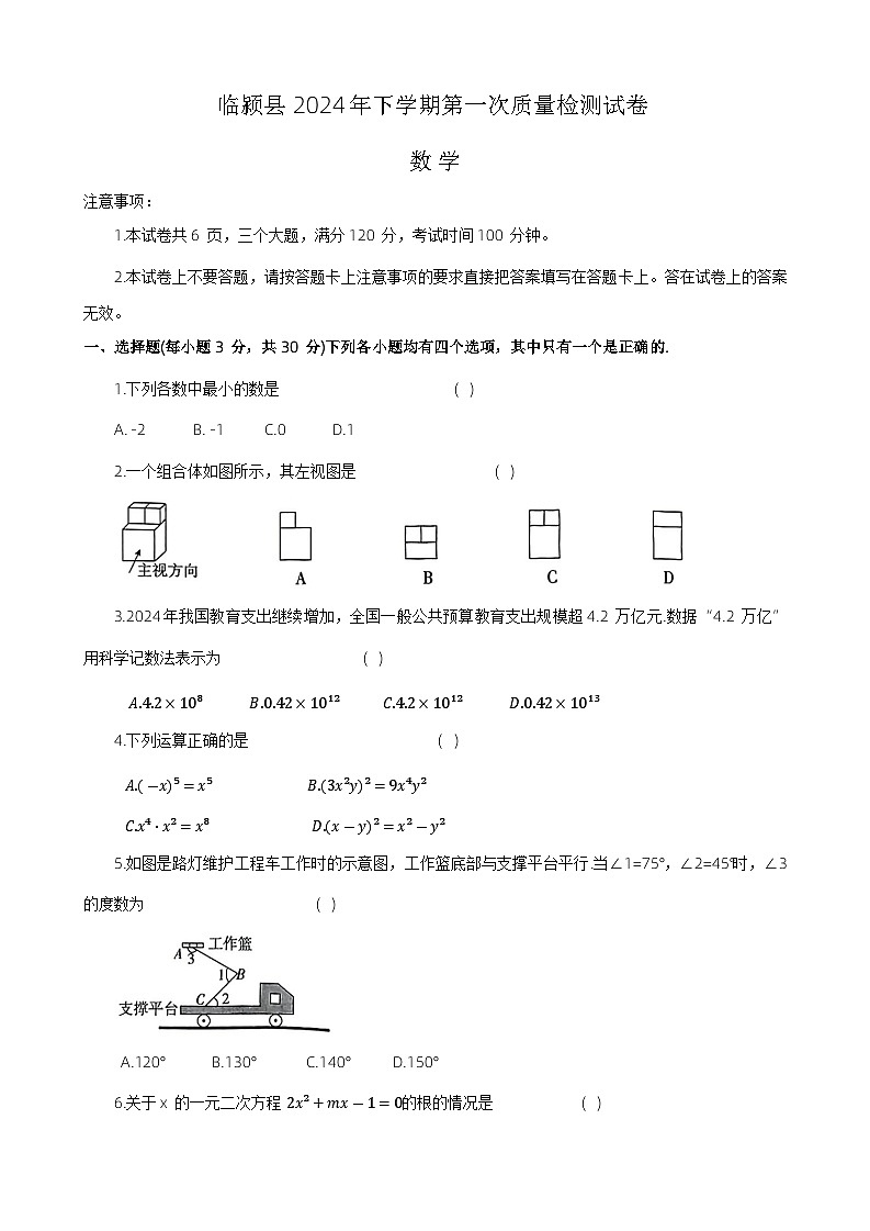 2024年河南省漯河市临颍县中考一模数学试题+第1页