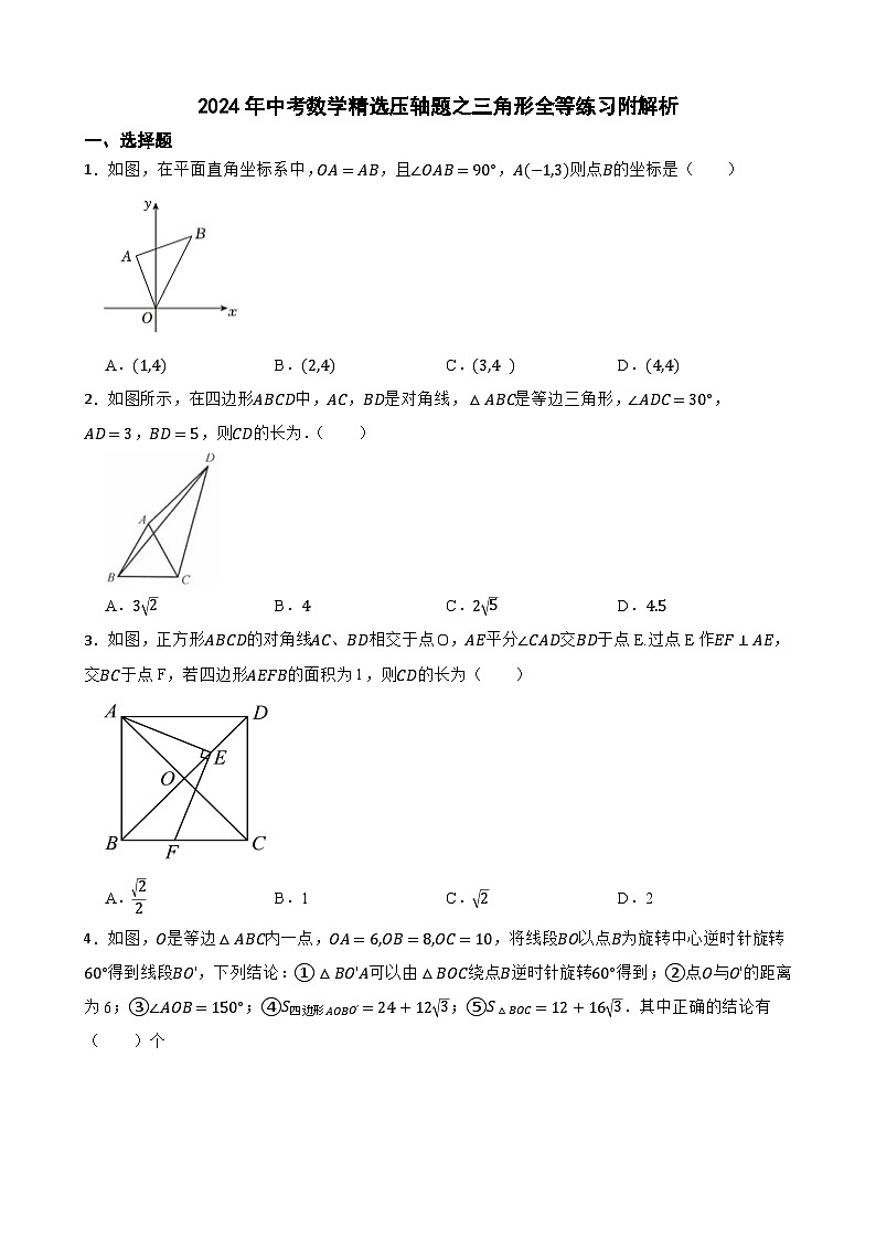 2024年中考数学精选压轴题之三角形全等练习附解析第1页