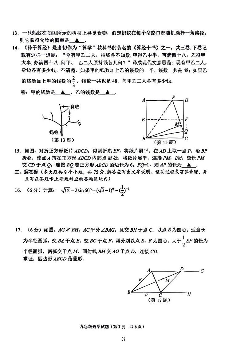 2024年钟祥市初中学业水平调研测试 数学试卷第3页
