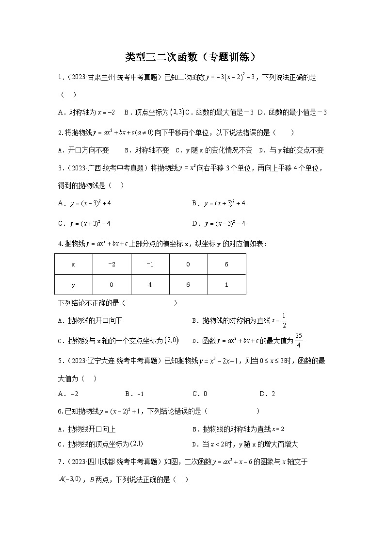 【二轮复习】中考数学 题型7 函数的基本性质 类型32次函数45题（专题训练）01