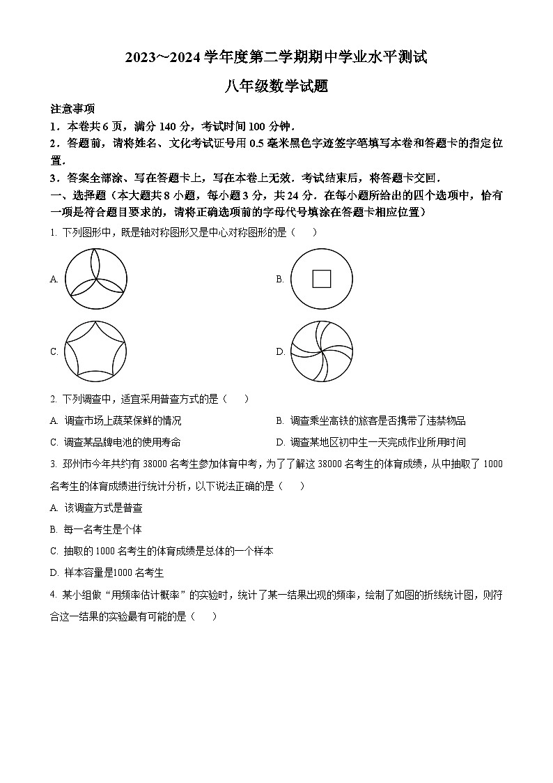 江苏省徐州市邳州市2023-2024学年八年级下学期期中数学试题（原卷版+解析版）01
