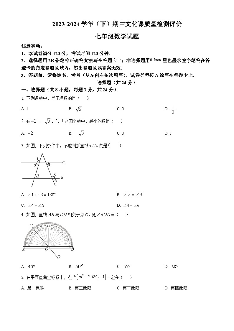 陕西省渭南市澄城县2023-2024学年七年级下学期期中数学试题（原卷版+解析版）01